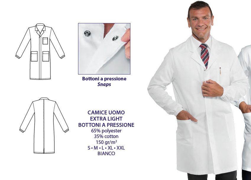 Offerta camice leggero medico con bottoni a pressione elastico polsi